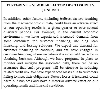 Peregrine new risk factor disclosure